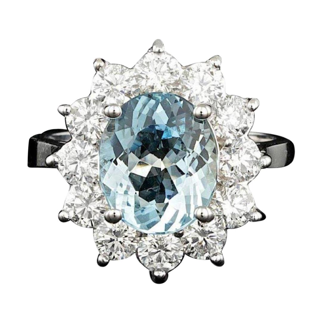 14 Karat massiver Weißgoldring mit 6,10 Karat natürlichem Aquamarin und Diamant