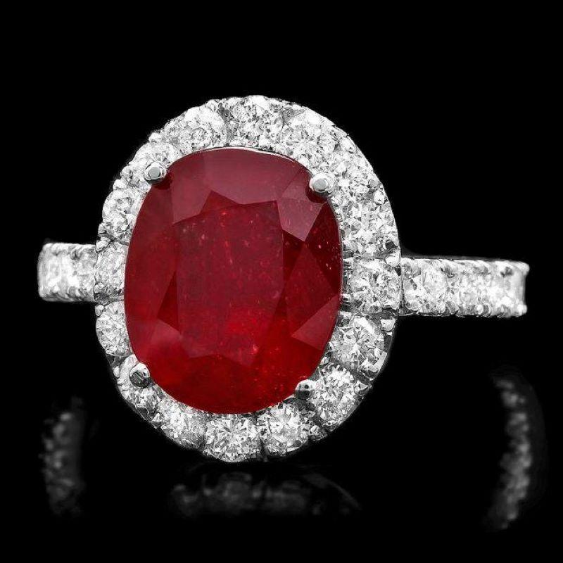 Mixed Cut 6.10 Carats Natural Red Ruby and Diamond 14K Solid White Gold Ring For Sale