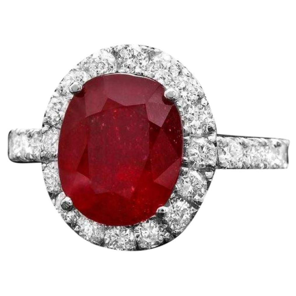 6.10 Carats Natural Red Ruby and Diamond 14K Solid White Gold Ring For Sale