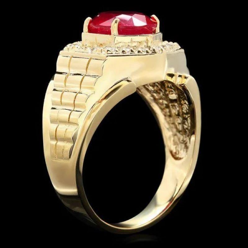 6.10 Carats Natural Red Ruby and Diamond 14K Solid Yellow Gold Men's Ring

Total Red Ruby Weight is: Approx. 5.50 Carats 

Ruby Measures: Approx. 11 x 9 mm

Ruby treatment: Fracture Filling

Natural Round Diamonds Weight: Approx. 0.60 Carats (color