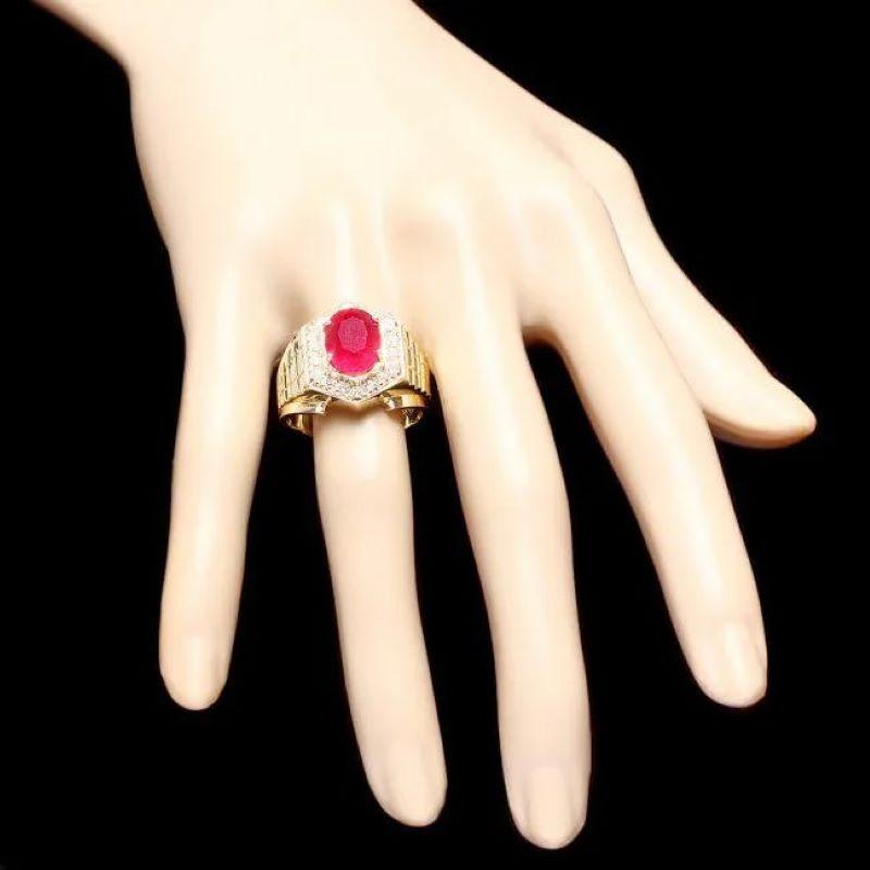 Mixed Cut 6.10 Carats Natural Red Ruby and Diamond 14k Solid Yellow Gold Men's Ring For Sale