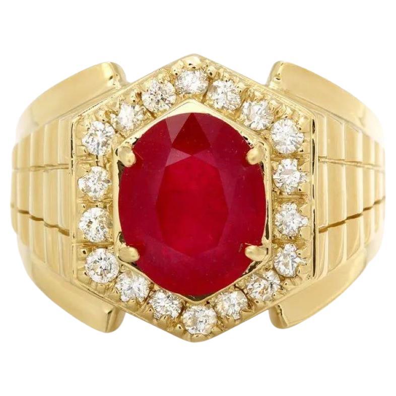 6.10 Carats Natural Red Ruby and Diamond 14k Solid Yellow Gold Men's Ring For Sale
