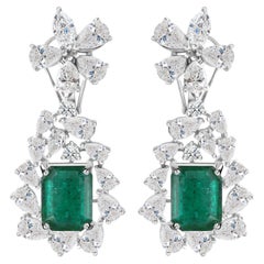 6.10 Ct Zambian Emerald 6.46 Ct Diamond Floral Drop Earrings 18K White Gold