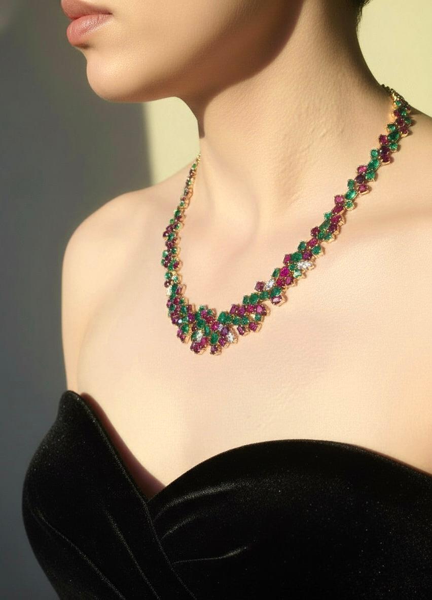 61,00 Karat Rubin, Smaragd, Diamant Einzigartige Halskette aus 18 Karat Gold im Angebot 5