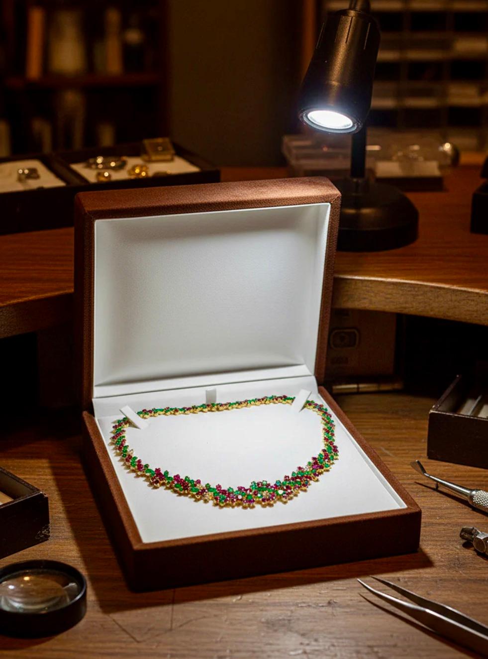 61,00 Karat Rubin, Smaragd, Diamant Einzigartige Halskette aus 18 Karat Gold im Angebot 3