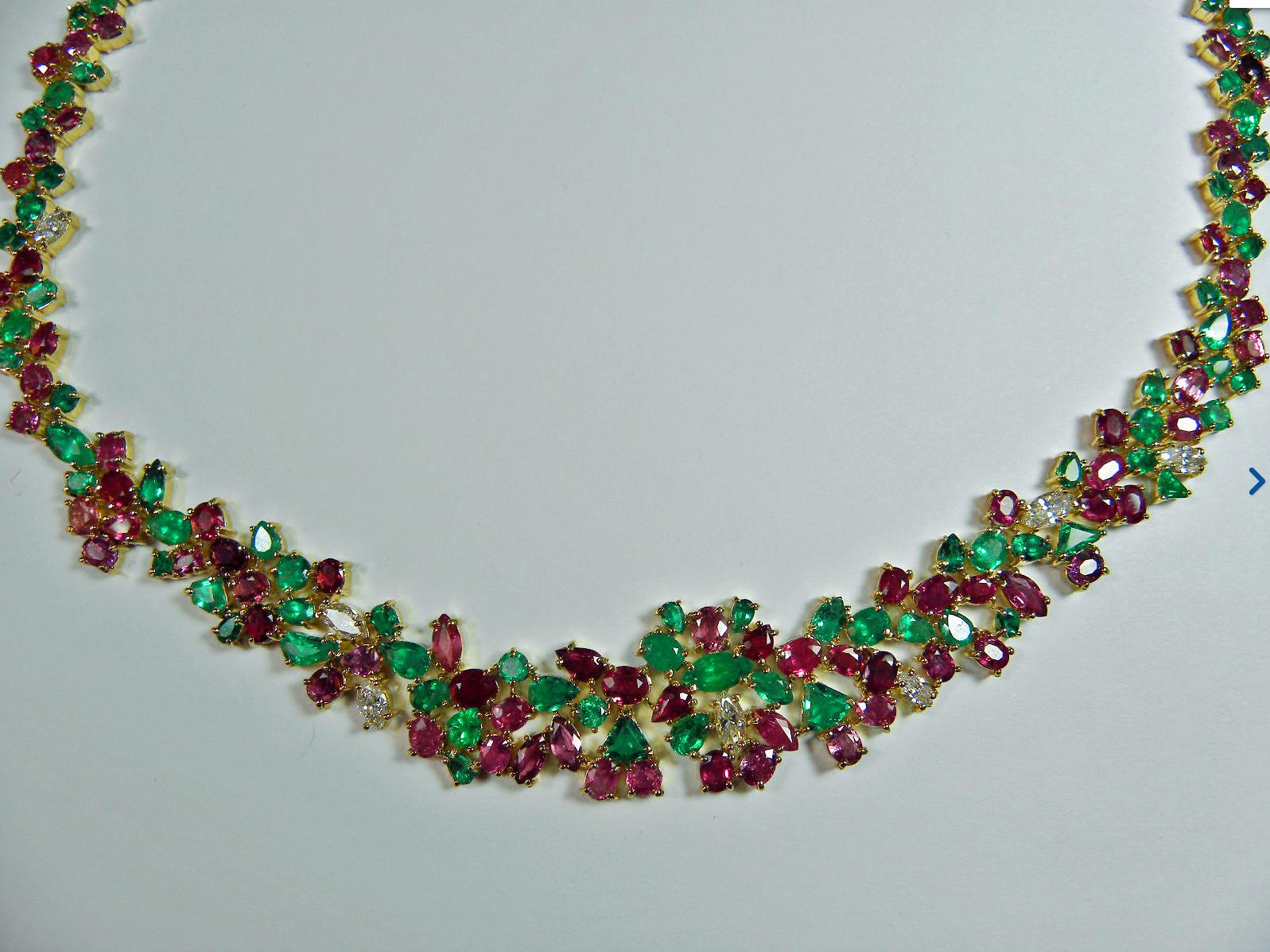 Ruby, Emerald, Diamond 61.00 Carat One of a Kind Necklace 18K For Sale 3