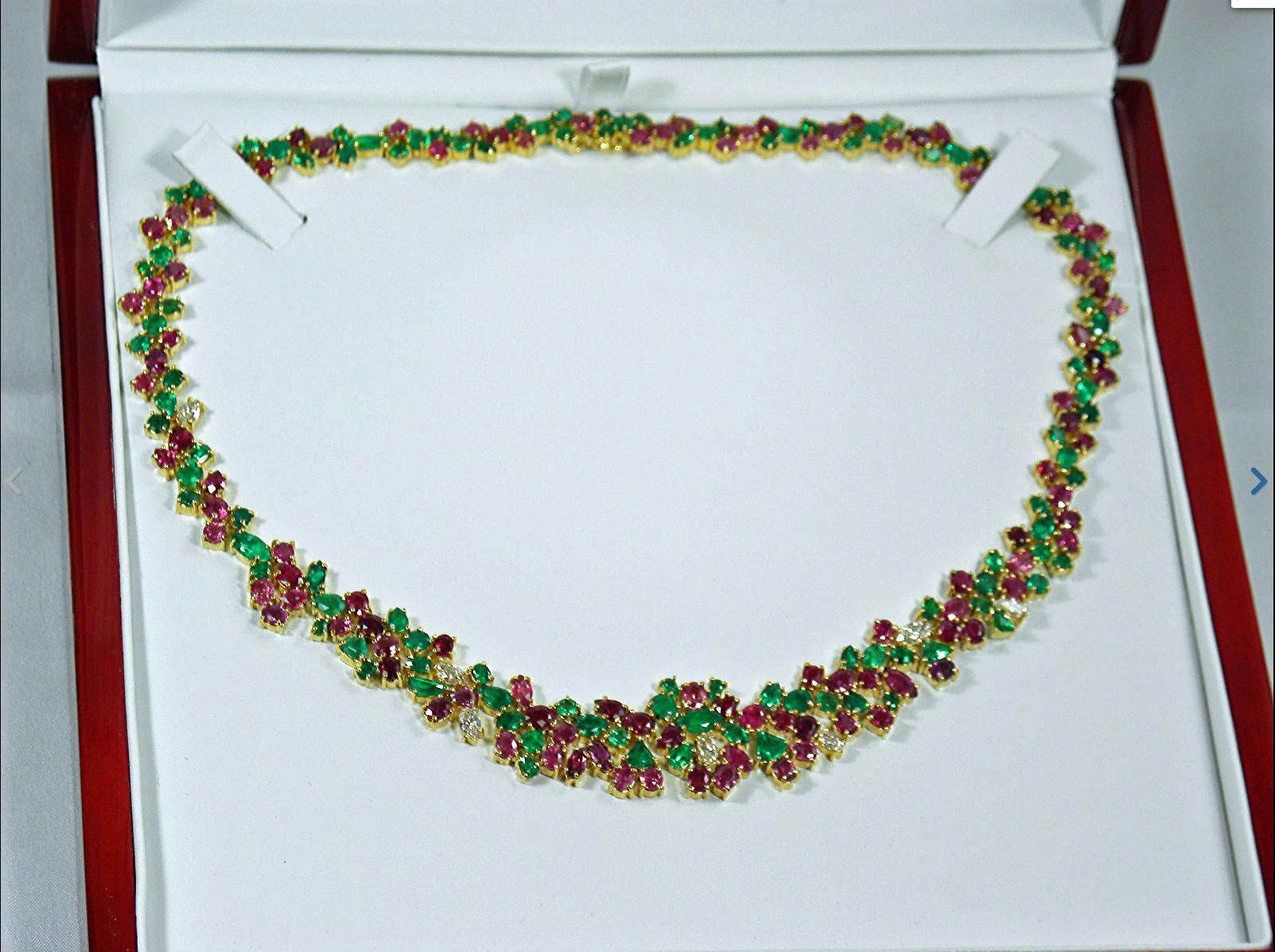 Ruby, Emerald, Diamond 61.00 Carat One of a Kind Necklace 18K For Sale 4