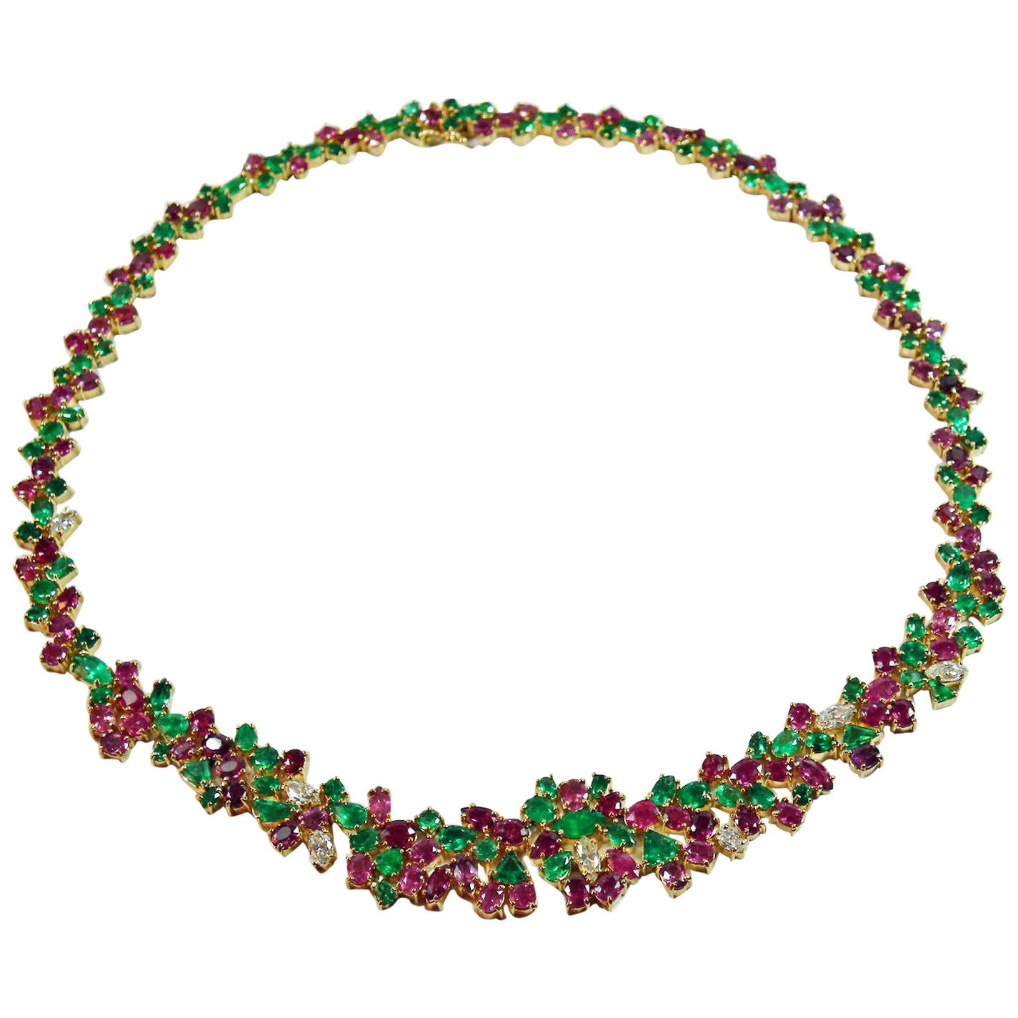 One of a Kind Tutti Frutti 61.00 Carat Emerald Ruby Diamond Necklace 18K