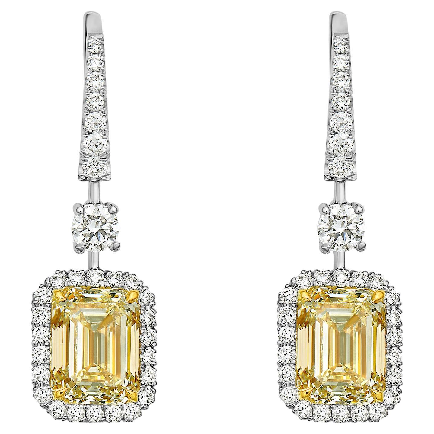 6 Carat GIA Light Yellow Emerald Cut Diamond Earrings For Sale