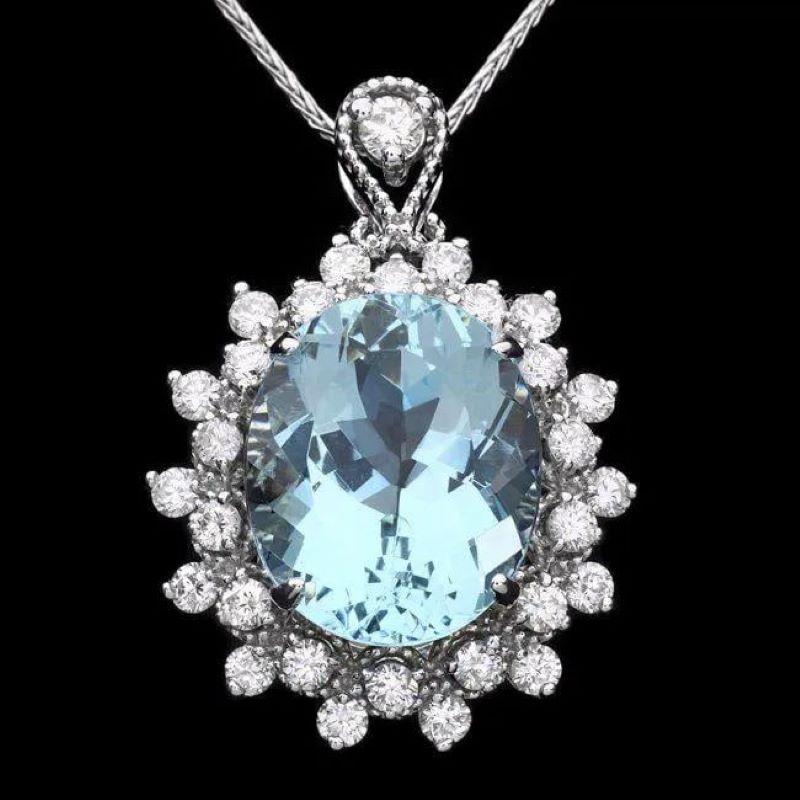 6.10Ct Natural Aquamarine and  Diamond 14K Solid White Gold Pendant

Natural Oval Shaped Aquamarine Weight is: Approx. 5.40 Carats 

Aquamarine Measures: 13 x 10 mm

Total Natural Round Diamond weights: 0.70 Carats (Color G-H / Clarity