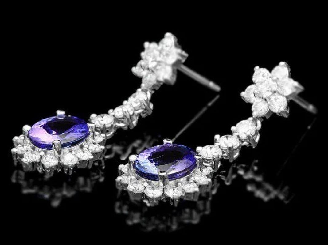 Mixed Cut 6.10Ct Natural Tanzanite and Diamond 14K Solid White Gold Earrings For Sale