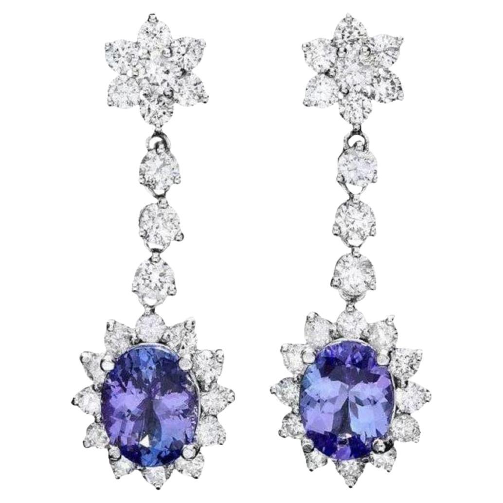 6.10Ct Natural Tanzanite and Diamond 14K Solid White Gold Earrings For Sale