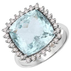 6.10cttw Aquamarine with Diamonds 0.45cttw Halo Sterling Silver Ring