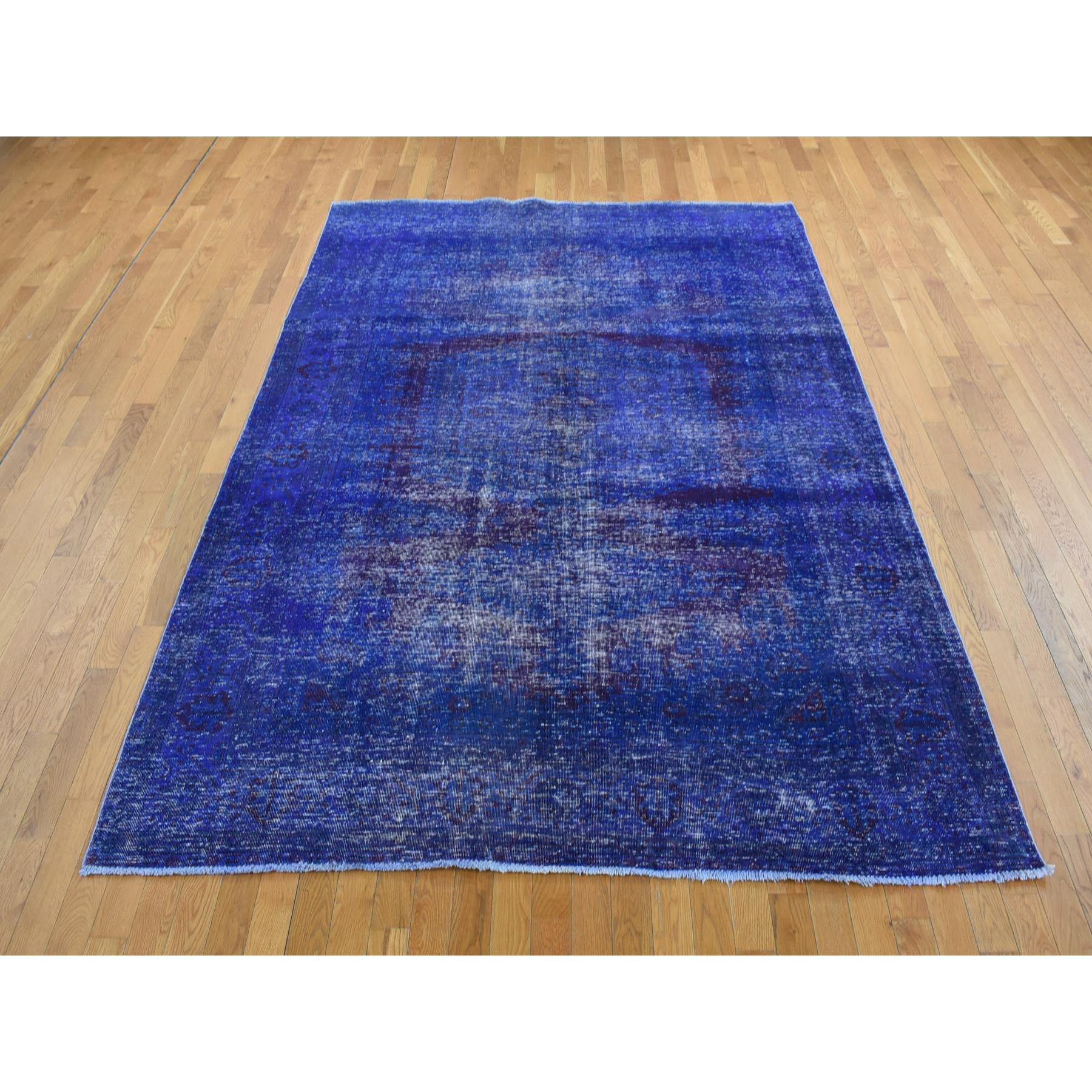 Purple, Worn Down, Overdyed Erased and Obscured Persian Viss Design, Distressed, Soft Wool, Hand Knotted, Oriental Rug
Primary materials: Wool
Latex: No Pile 
height: 0.25 Inches
Style: Transitional
Primary color: Purple
Secondary colors: Navy