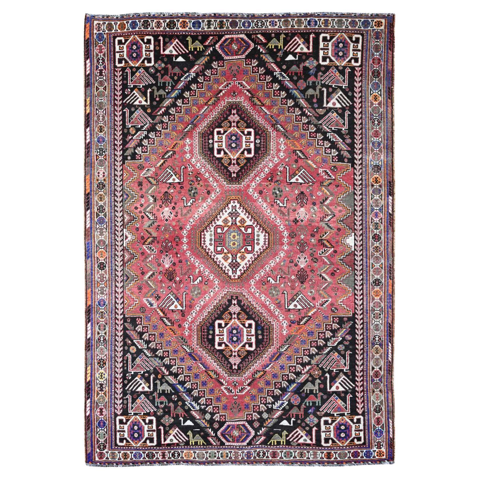 6'10"x10'3" Roter persischer Shiraz mit Vogelfiguren, handgeknüpfter Wollteppich, Vintage