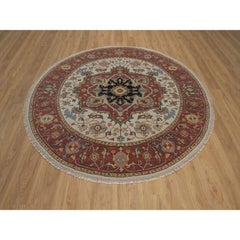 6'10"x6'10" Ivory Antiqued Fine Heriz Re-Creation Hand Knotted Wool Round Rug