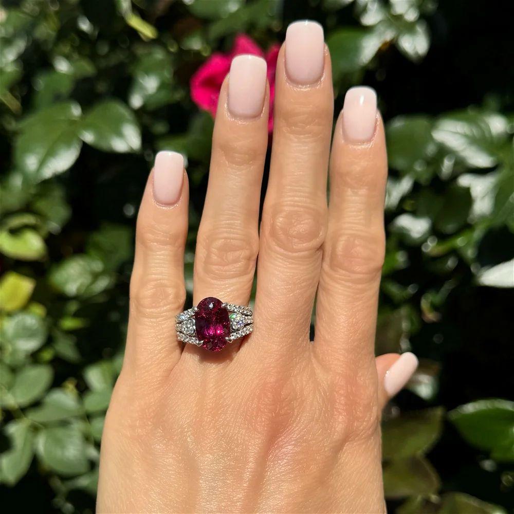 Modern 6.11 Carat Oval Rubellite Tourmaline and Diamond Solitaire Platinum Ring For Sale