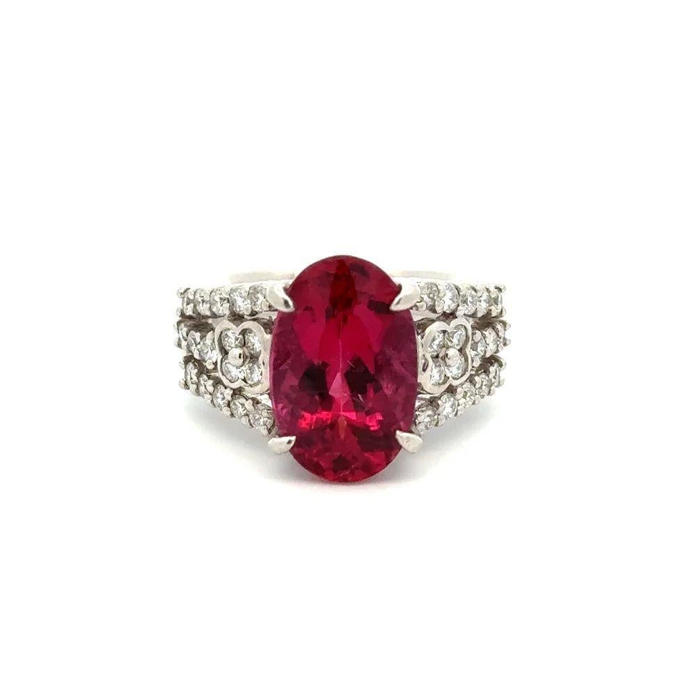 Oval Cut 6.11 Carat Oval Rubellite Tourmaline and Diamond Solitaire Platinum Ring For Sale