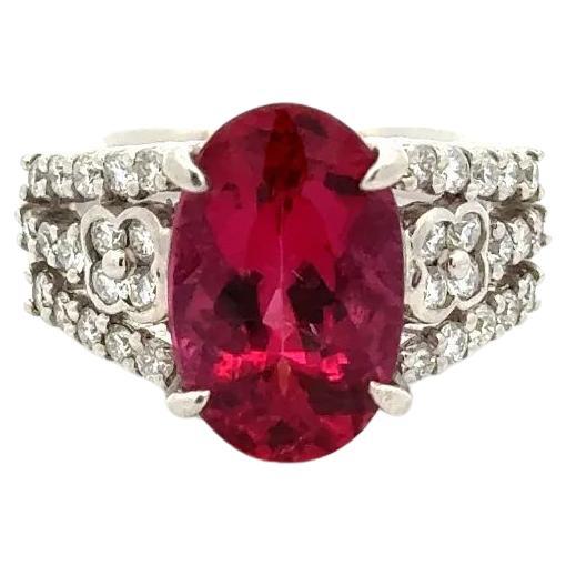 6.11 Carat Oval Rubellite Tourmaline and Diamond Solitaire Platinum Ring For Sale