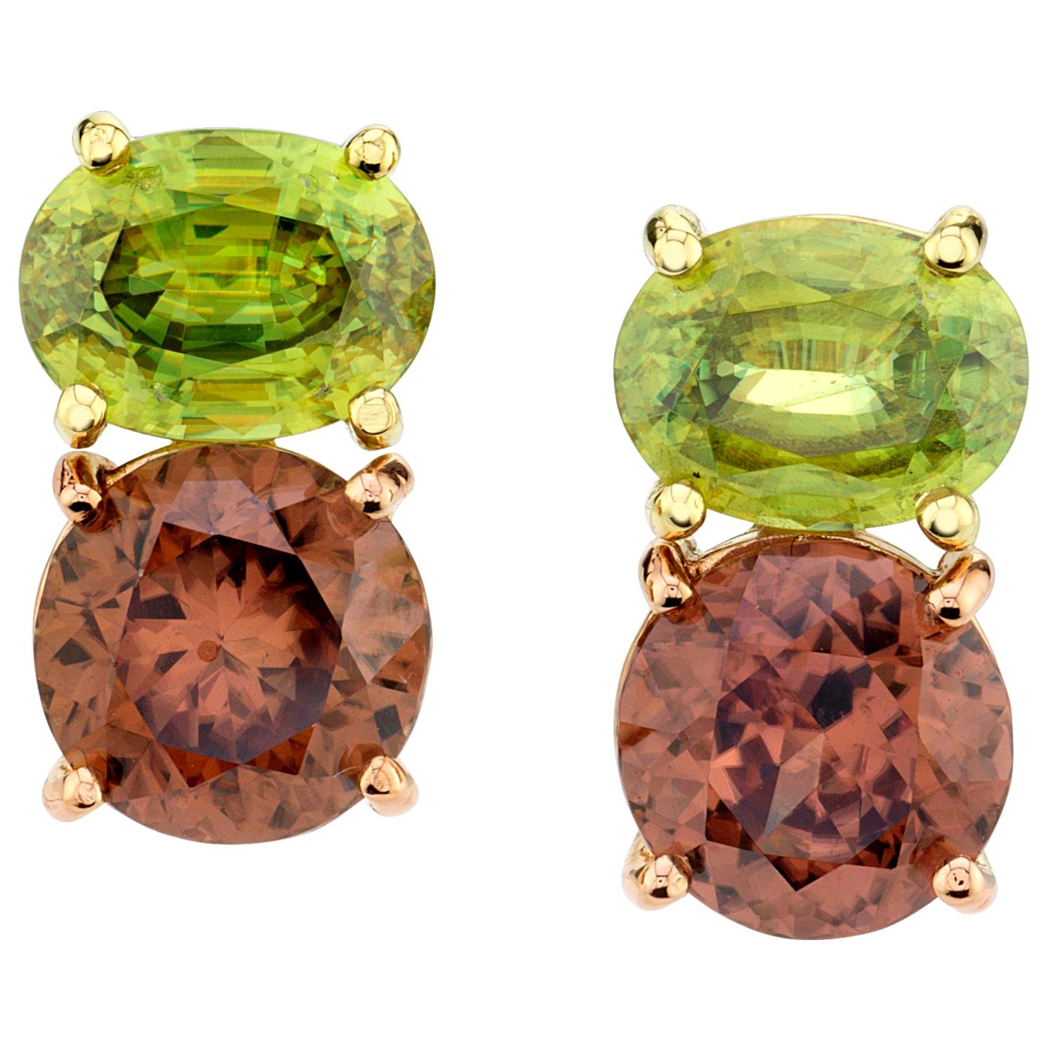 Rose Zircon and Rare Green Sphene, 18k Yellow, Rose Gold Stud Post Drop Earrings