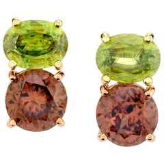 Rose Zircon and Rare Green Sphene, 18k Yellow, Rose Gold Stud Post Drop Earrings Rose Zircon and Rare Green Sphene, 18k Yellow, Rose Gold Stud Post Drop Earrings
