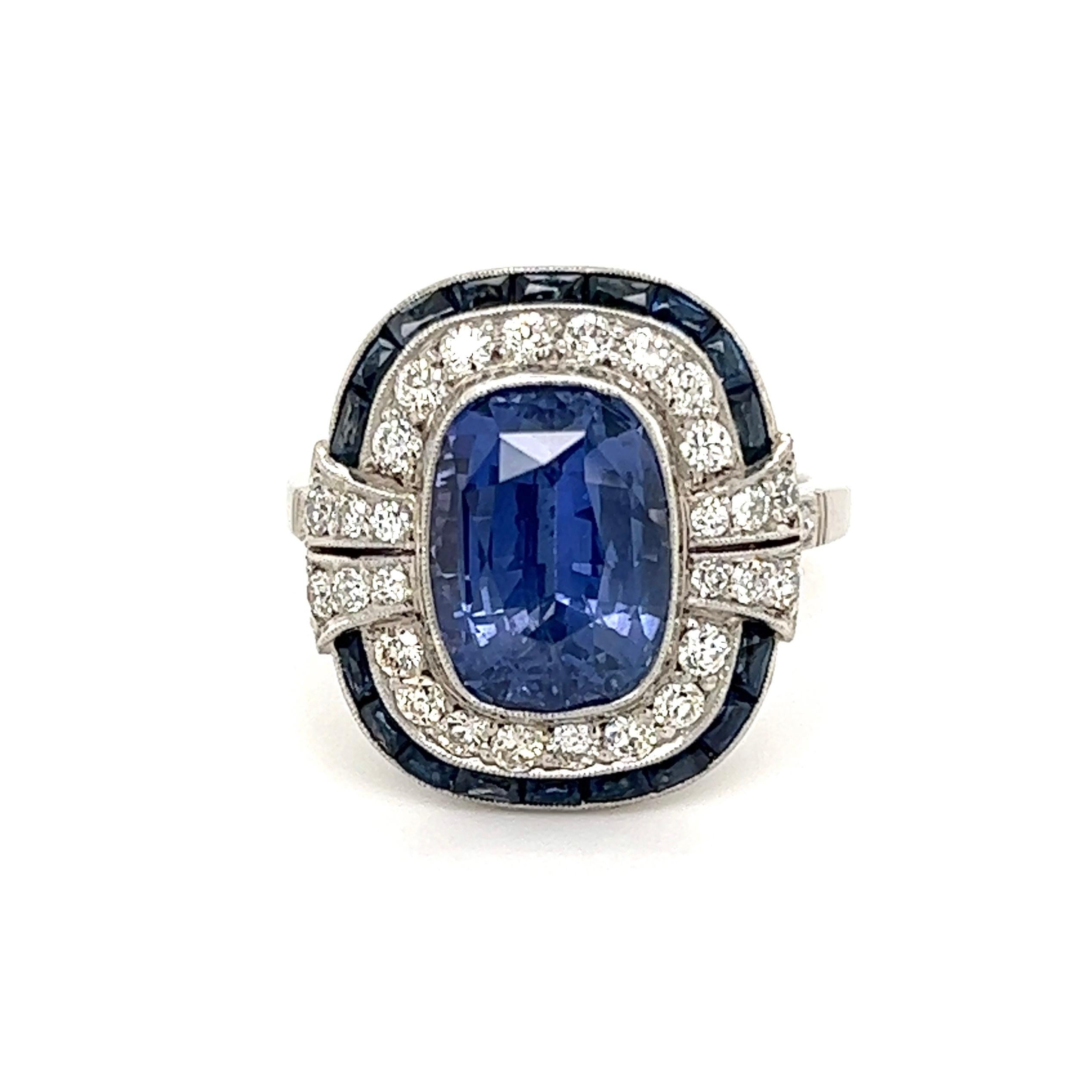 Women's 6.11 Carat Sapphire GIA and Diamond Platinum Ring Fine Estate Jewelry For Sale