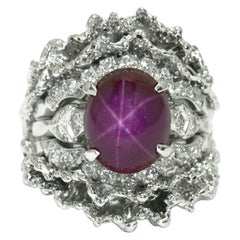 6.11 Ctw Star Ruby Brutalist Era Cocktail Ring Dome Diamond Midcentury Gemstone