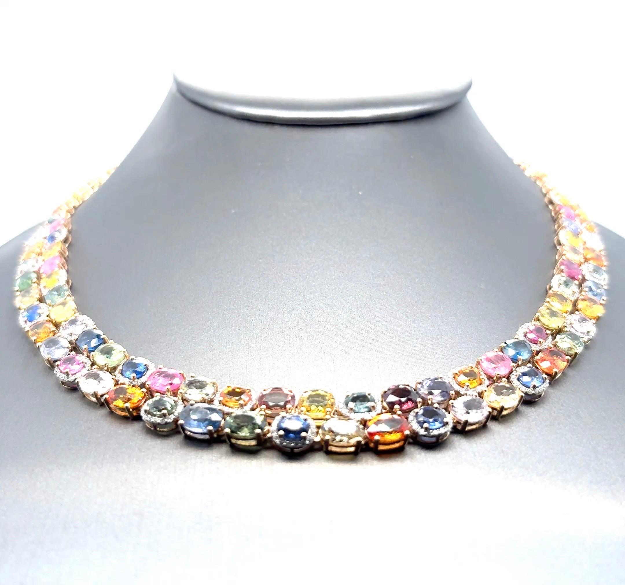 Collier multibrins en or jaune avec saphirs multicolores et diamants de 61,10 carats en vente 5