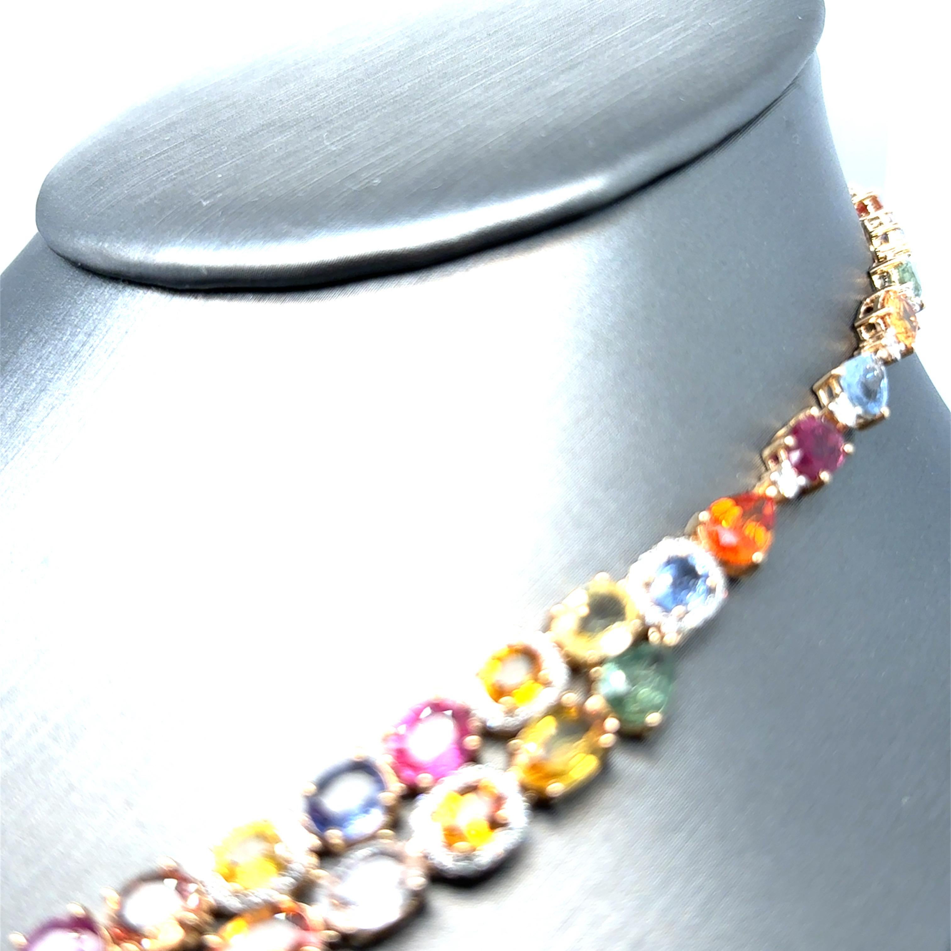 Collier multibrins en or jaune avec saphirs multicolores et diamants de 61,10 carats en vente 7