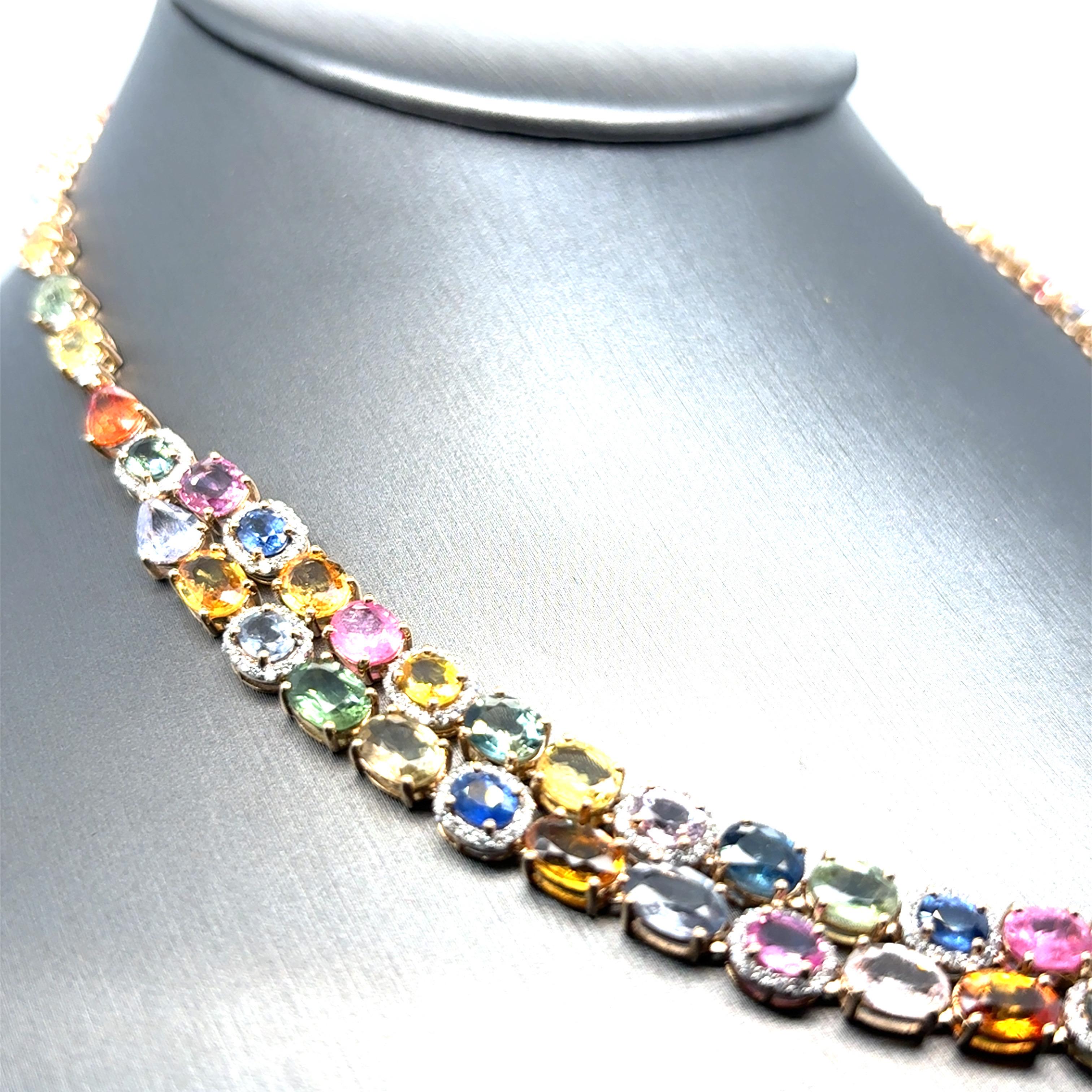 Collier multibrins en or jaune avec saphirs multicolores et diamants de 61,10 carats en vente 8