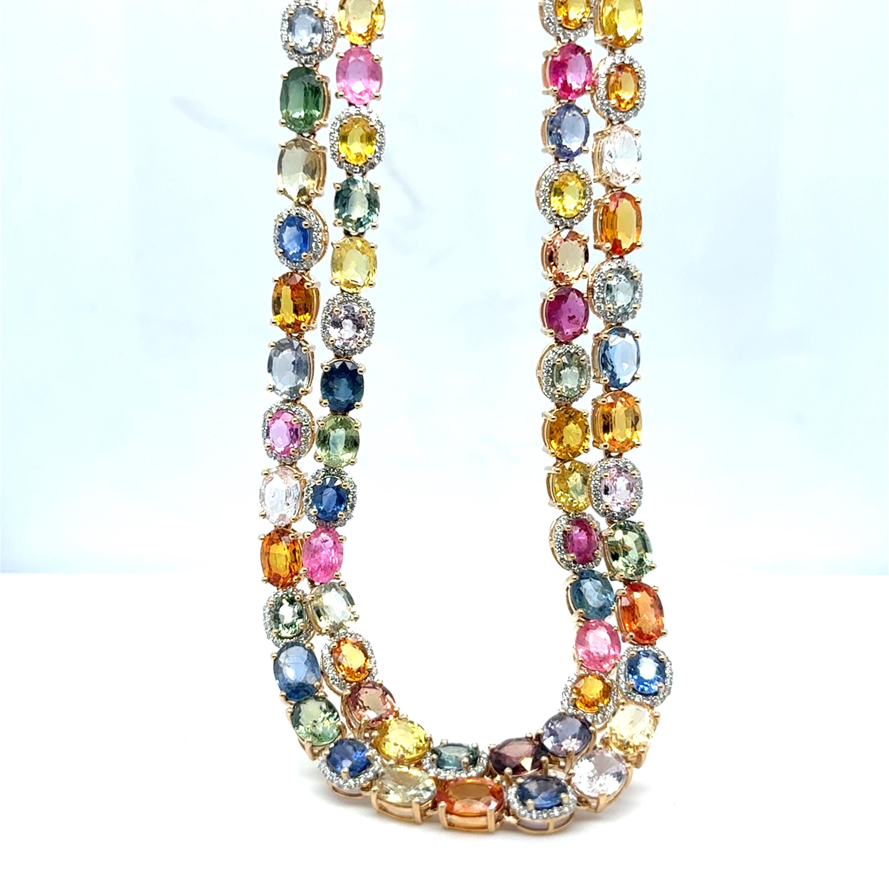 Collier multibrins en or jaune avec saphirs multicolores et diamants de 61,10 carats en vente 10