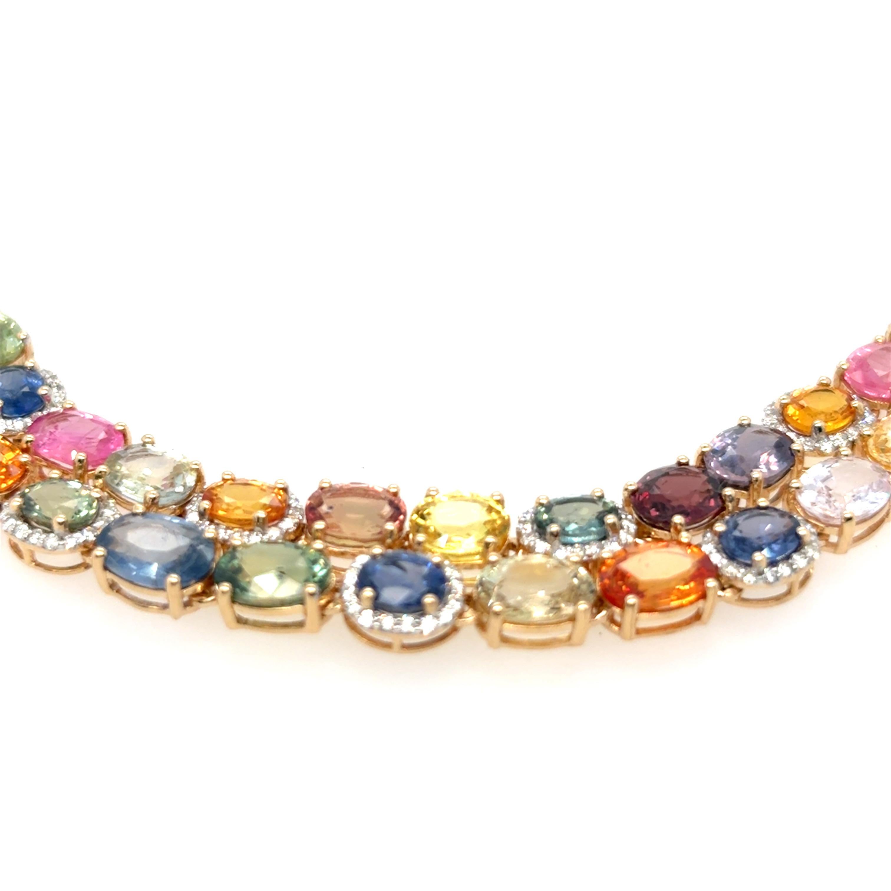 Collier multibrins en or jaune avec saphirs multicolores et diamants de 61,10 carats Pour femmes en vente