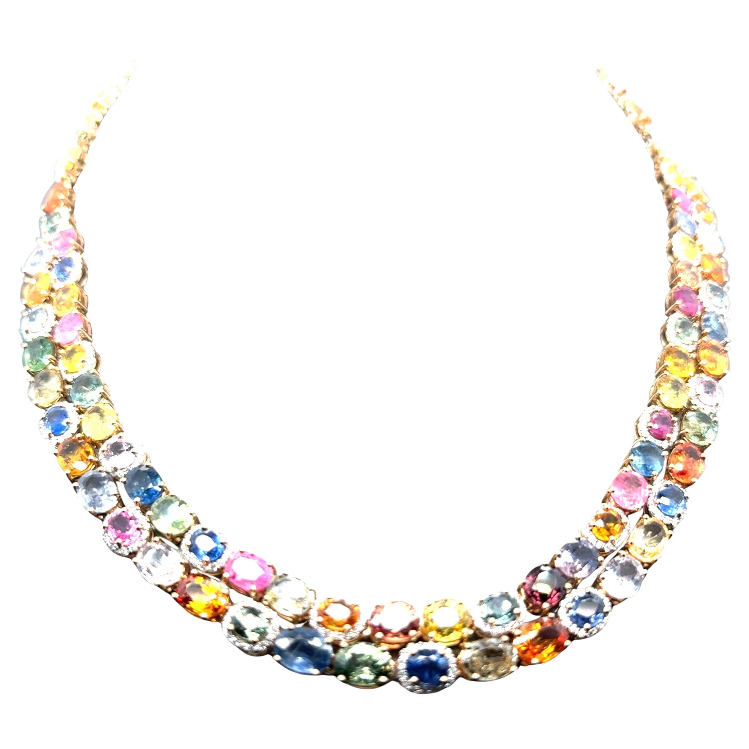 Collier multibrins en or jaune avec saphirs multicolores et diamants de 61,10 carats en vente