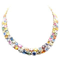61.10 Carat Multicolor Sapphire Diamond Yellow Gold Multi-Strand Necklace