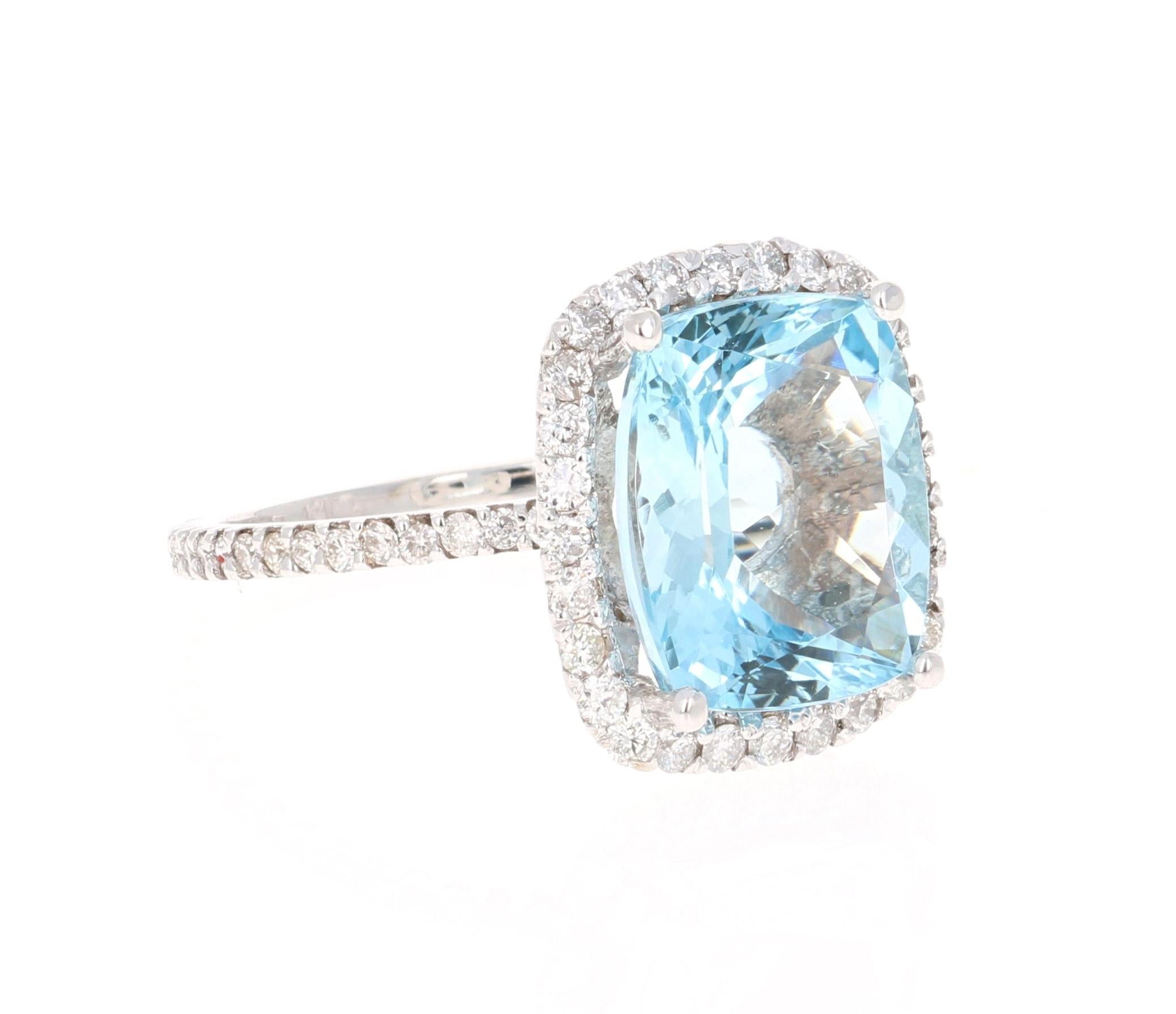 Can be a gorgeous Engagement Ring, Birthday or Anniversary Ring or simply a stunning everyday Ring! 

This ring has a gorgeous 5.41 Carat Cushion Cut Aquamarine and is surrounded by 60 Round Brilliant Cut Diamonds that weigh 0.71 Carats. The Total