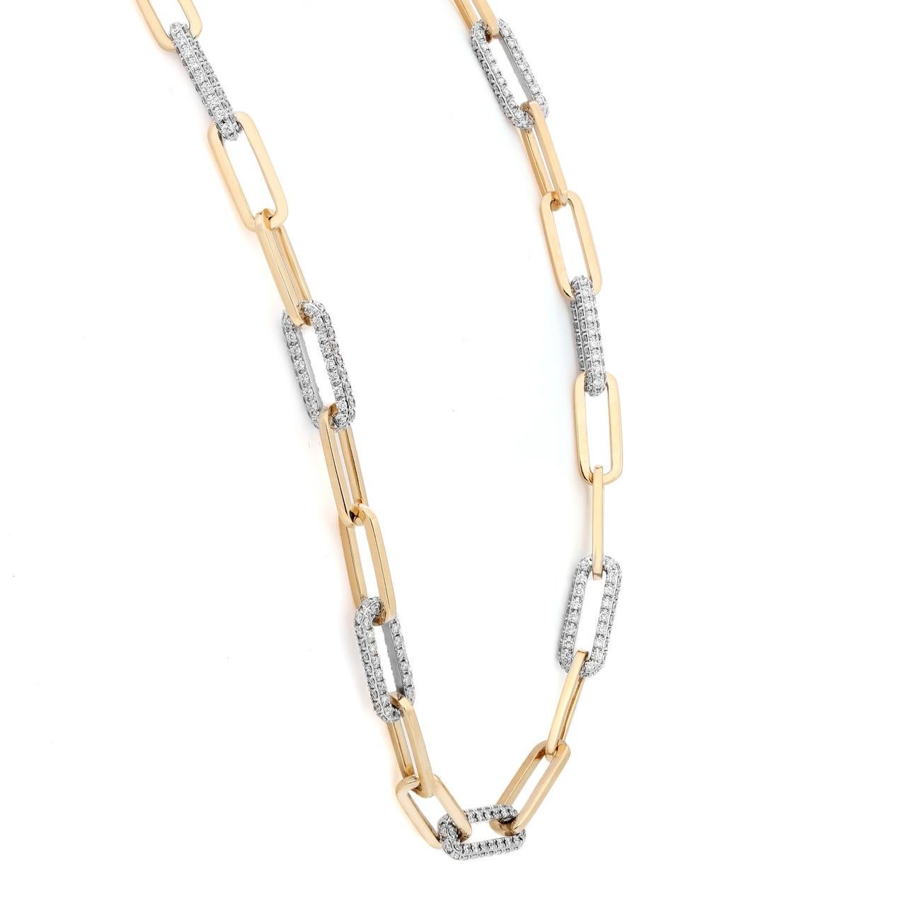 Modern 6.12 Carat Diamond Paperclip-Link Necklace 14K White and Yellow Gold  For Sale