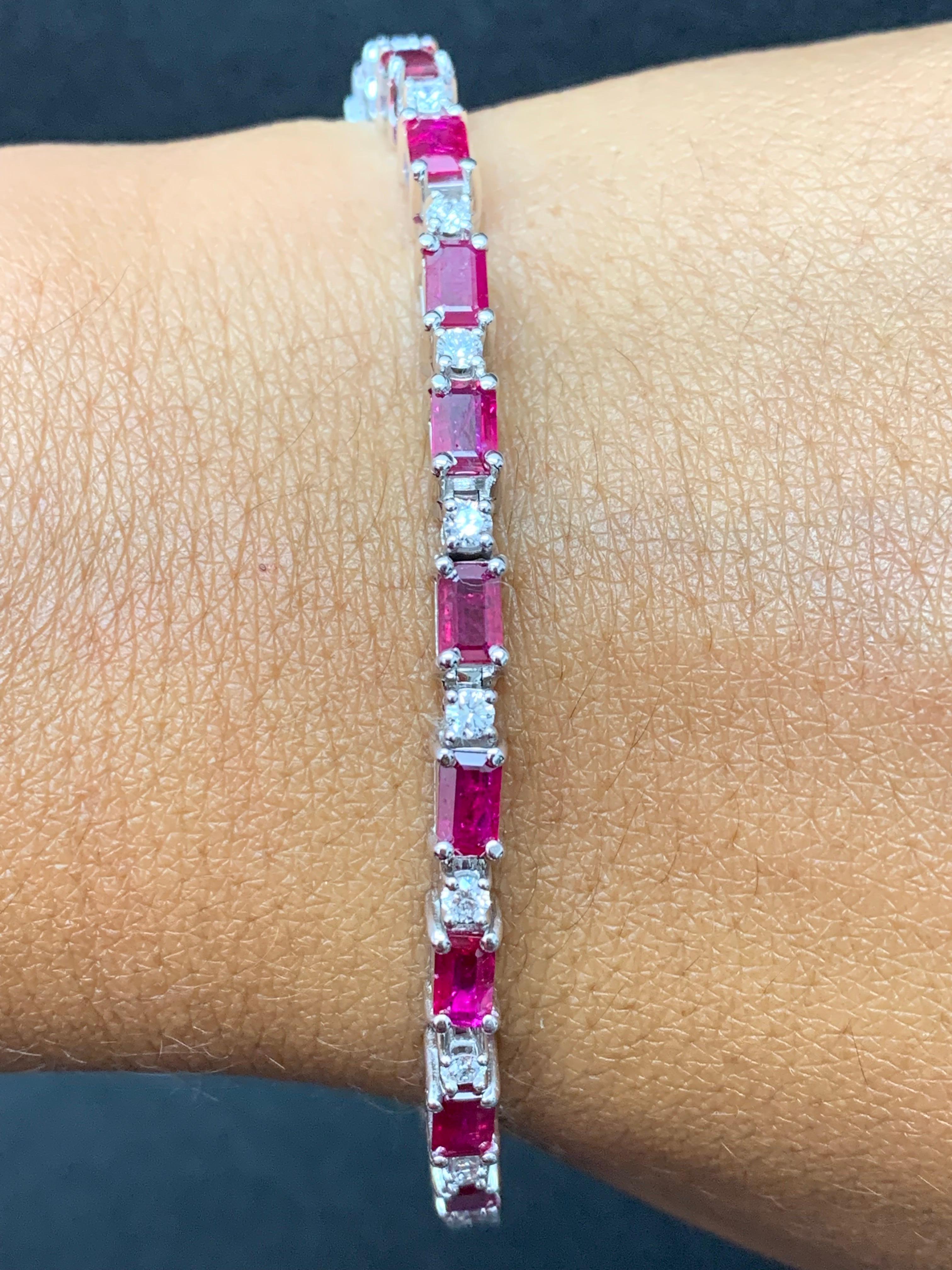 6.12 Carat Emerald Cut Ruby and Diamond Bracelet in 14K White Gold For Sale 6