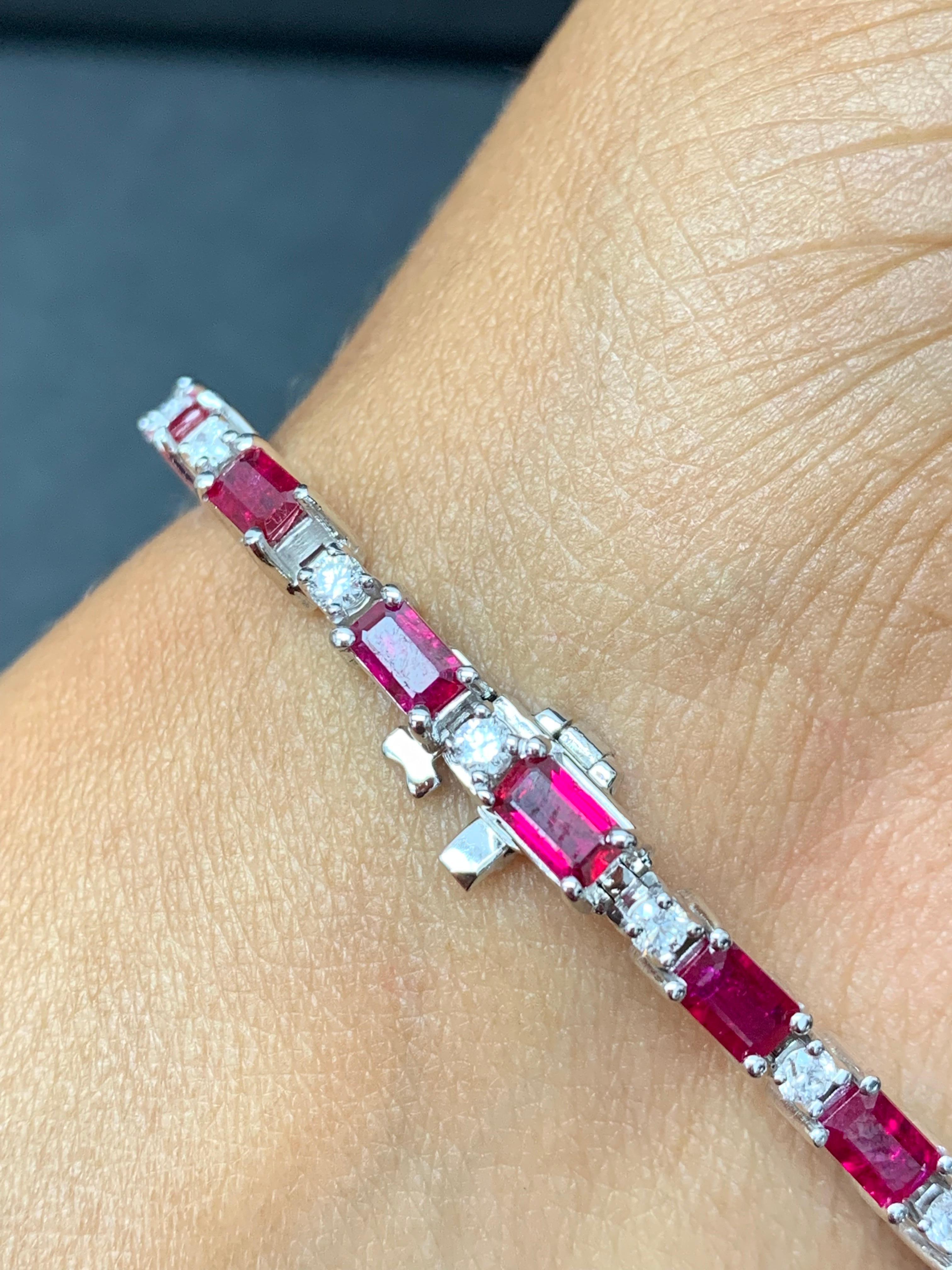 6.12 Carat Emerald Cut Ruby and Diamond Bracelet in 14K White Gold For Sale 7