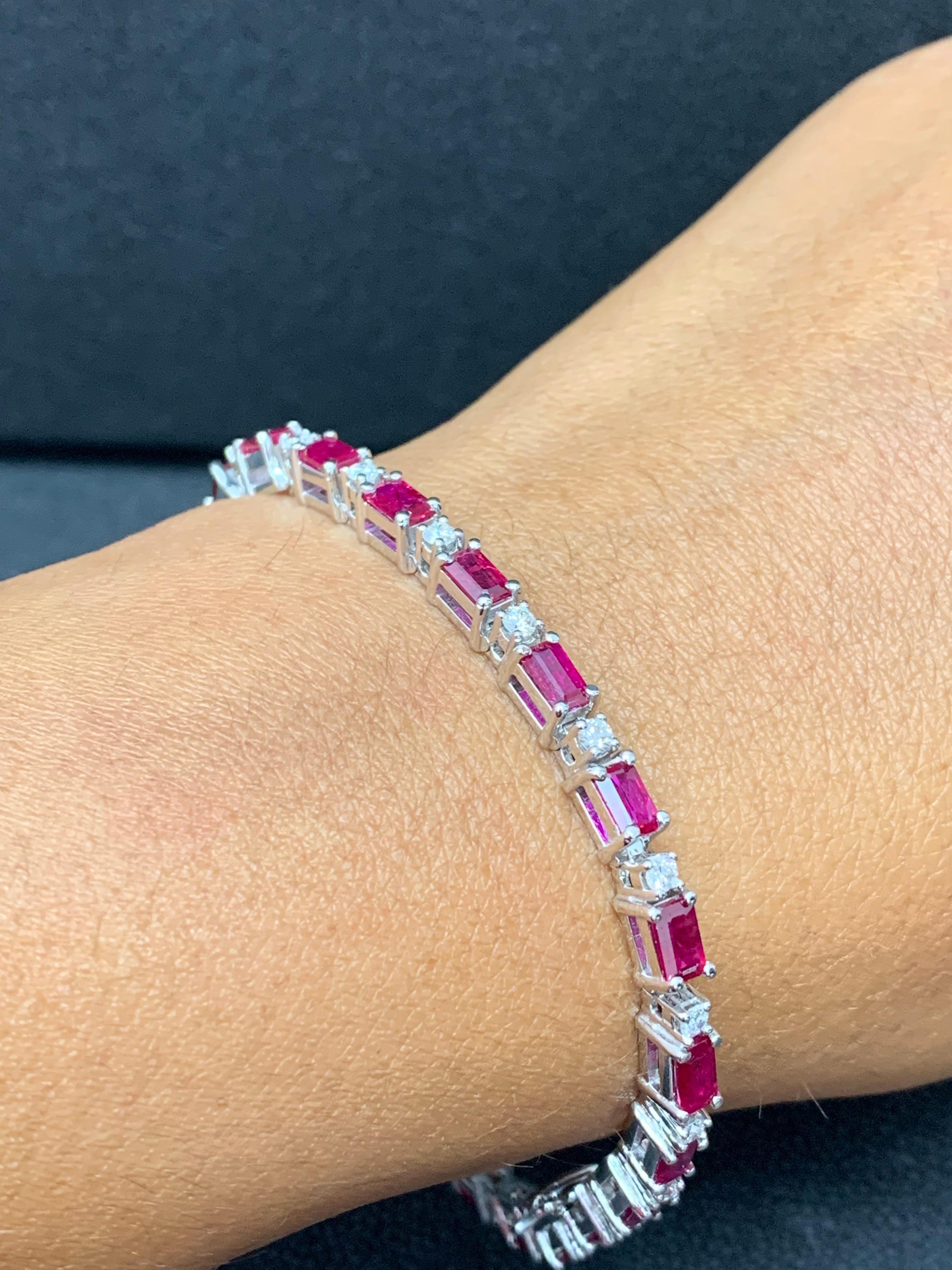 6.12 Carat Emerald Cut Ruby and Diamond Bracelet in 14K White Gold For Sale 8