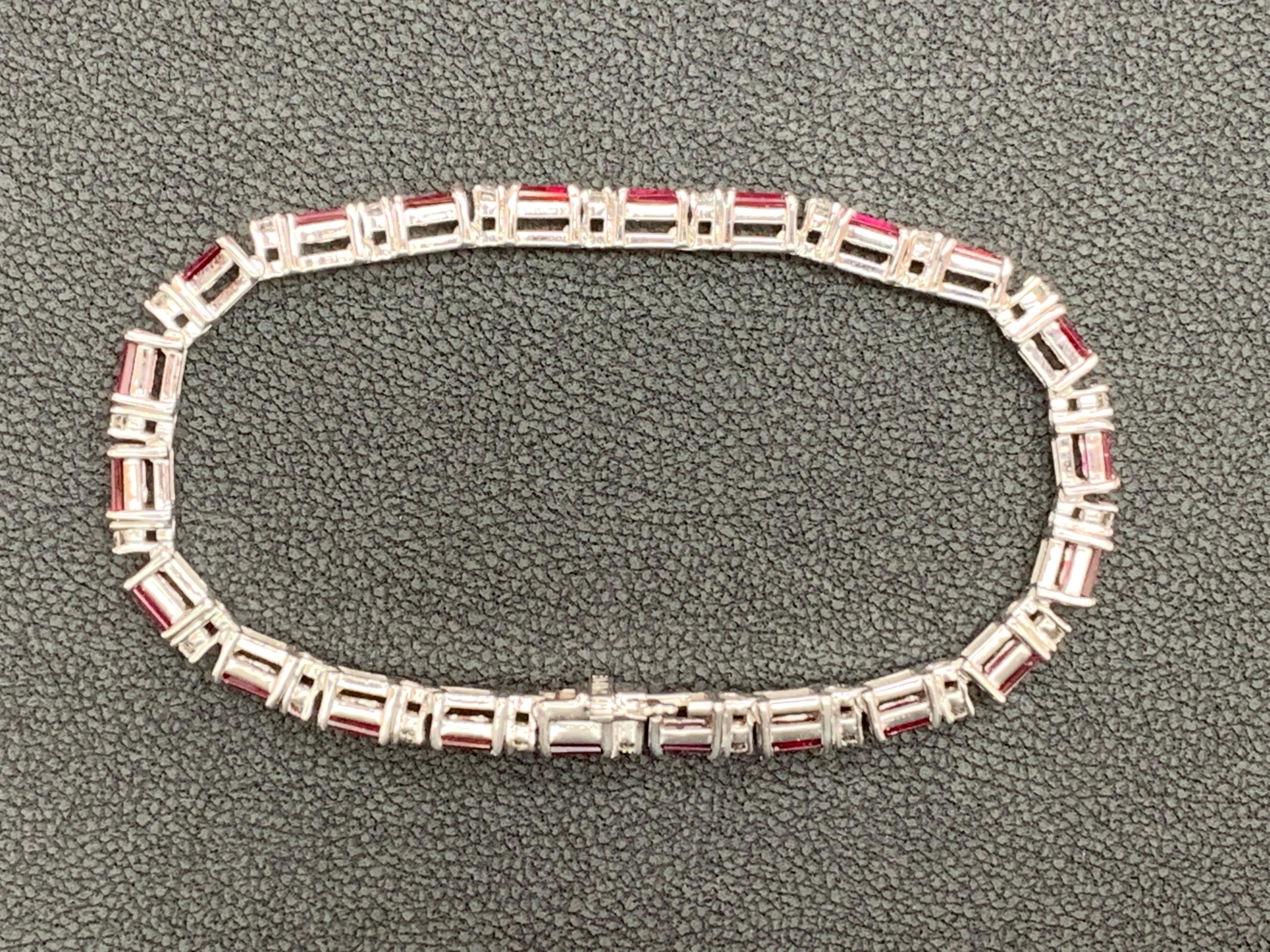 A fashionable tennis bracelet showcasing alternating emerald cut Lush 22 Rubies weighing 6.12 carats total and brilliant round 22 diamonds weighing 1 carat total. Set in a polished 14K White Gold mounting. 

Style available in different price