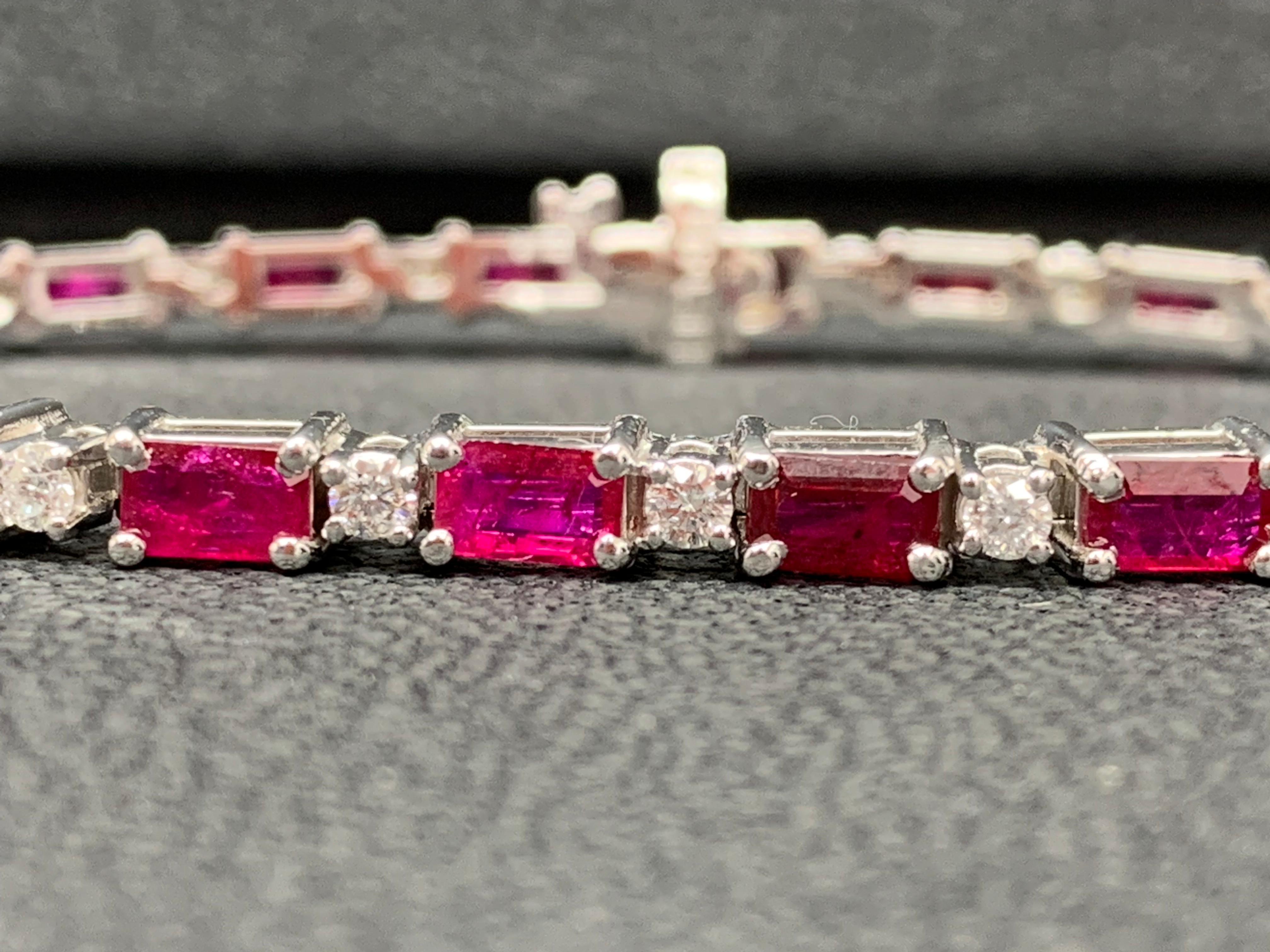 Modern 6.12 Carat Emerald Cut Ruby and Diamond Bracelet in 14K White Gold For Sale