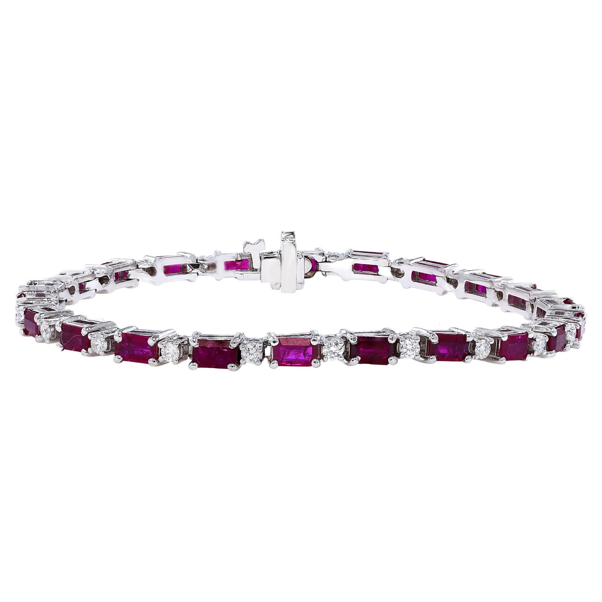 6.12 Carat Emerald Cut Ruby and Diamond Bracelet in 14K White Gold For Sale