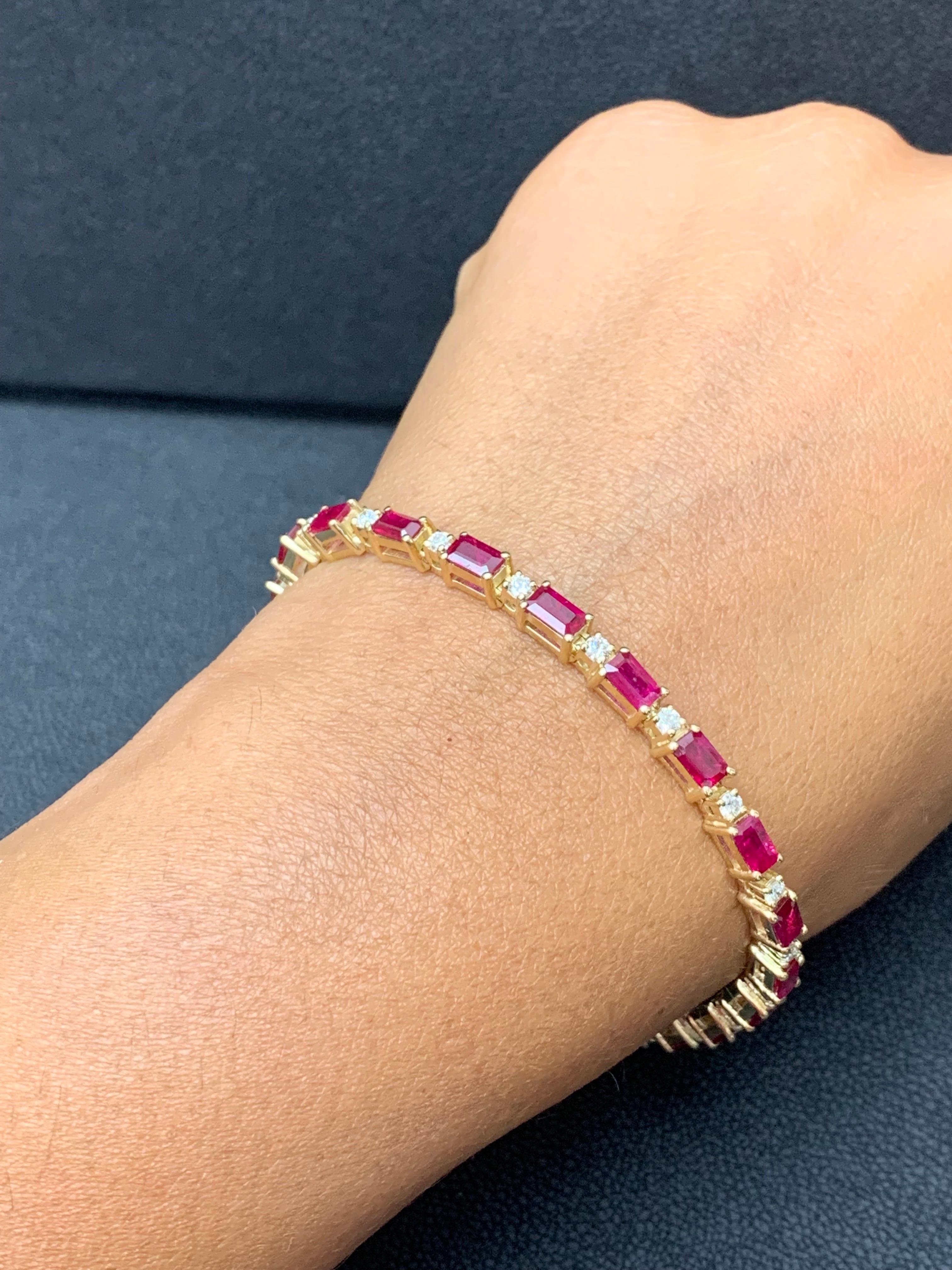 6.12 Carat Emerald Cut Ruby and Diamond Bracelet in 14K Yellow Gold For Sale 7