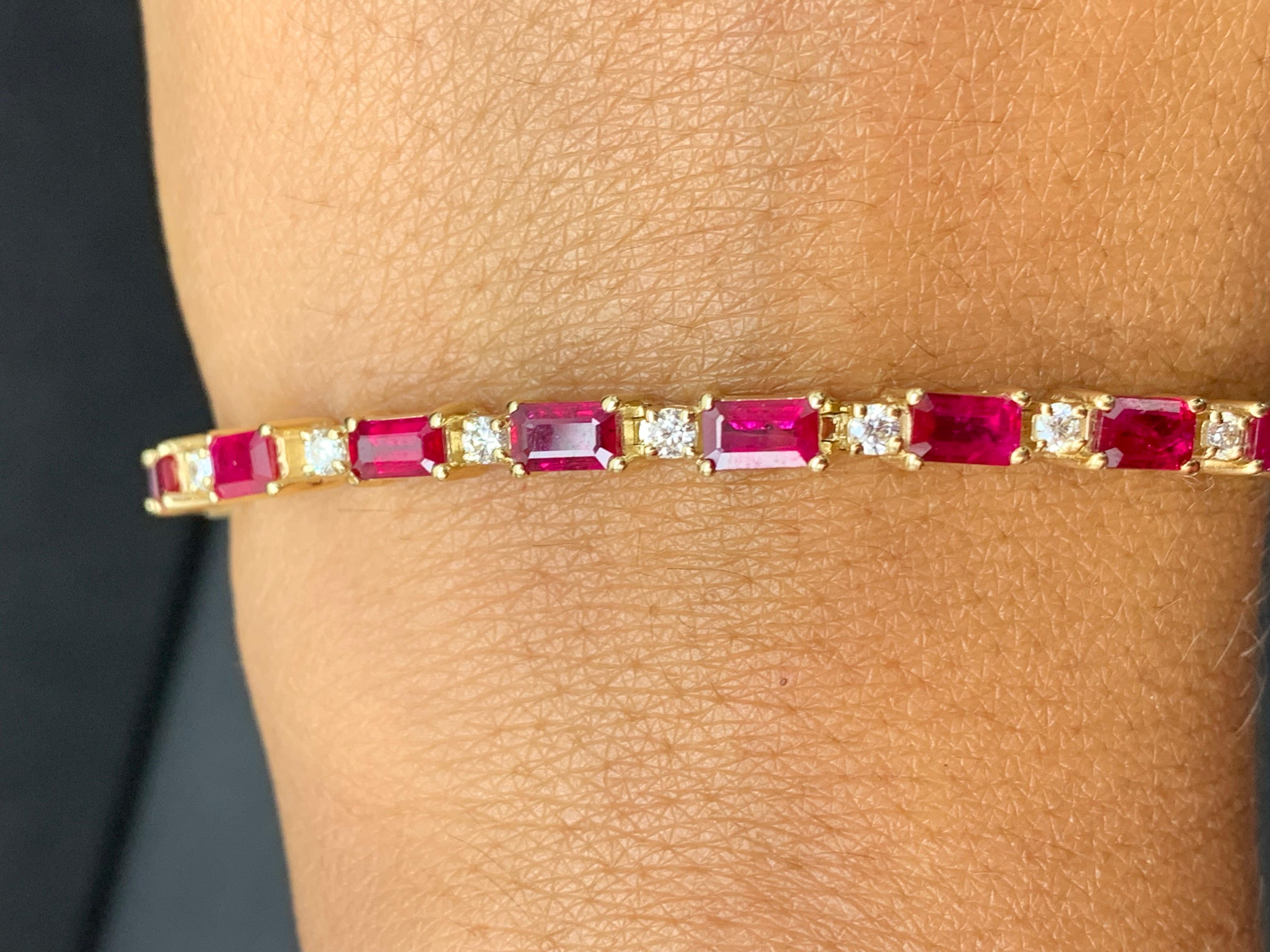 6.12 Carat Emerald Cut Ruby and Diamond Bracelet in 14K Yellow Gold For Sale 9