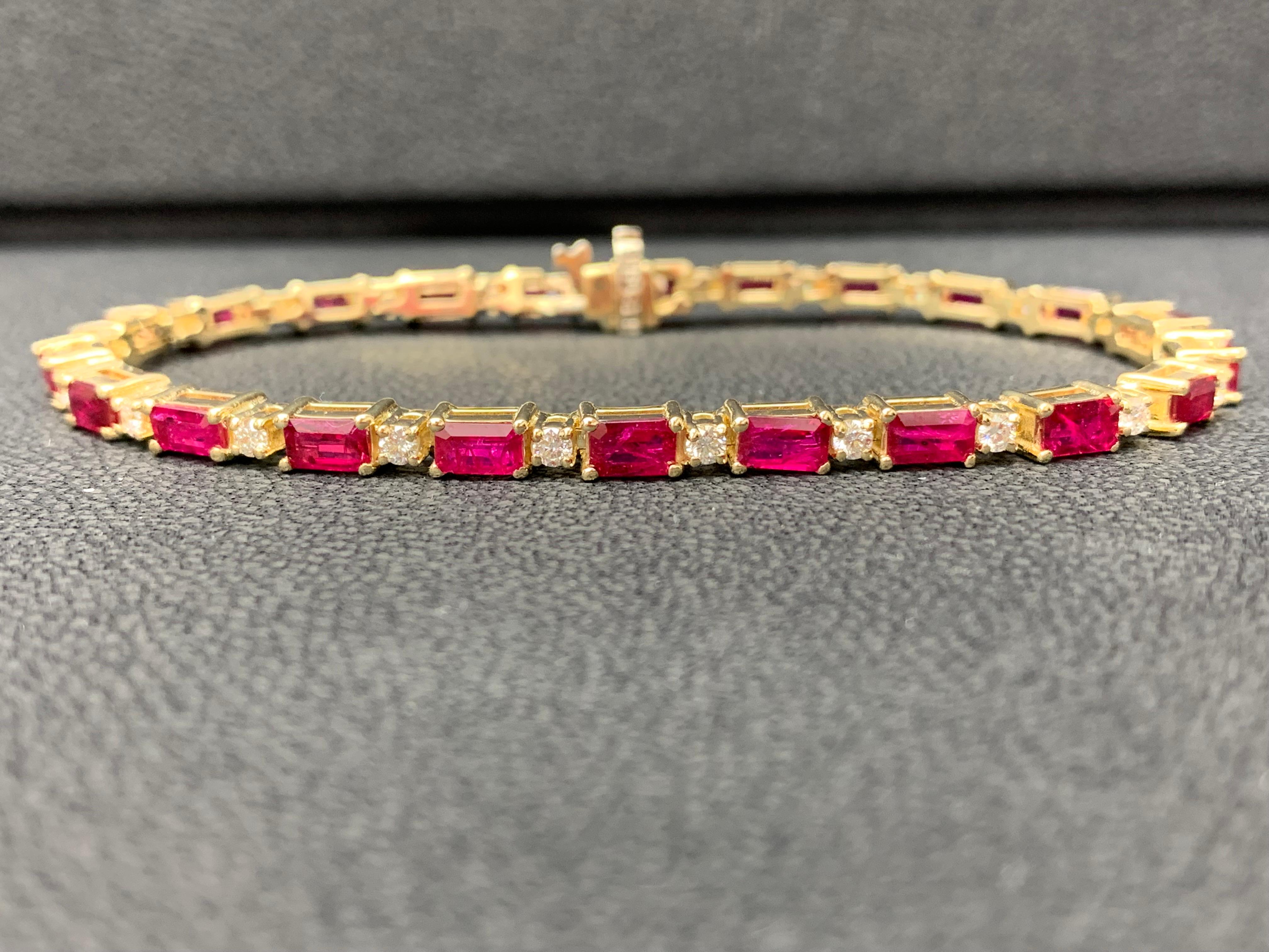 A fashionable tennis bracelet showcasing alternating emerald cut Lush 22 Rubies weighing 6.12 carats total and brilliant round 22 diamonds weighing 1 carat total. Set in a polished 14K Yellow Gold mounting. 

Style available in different price