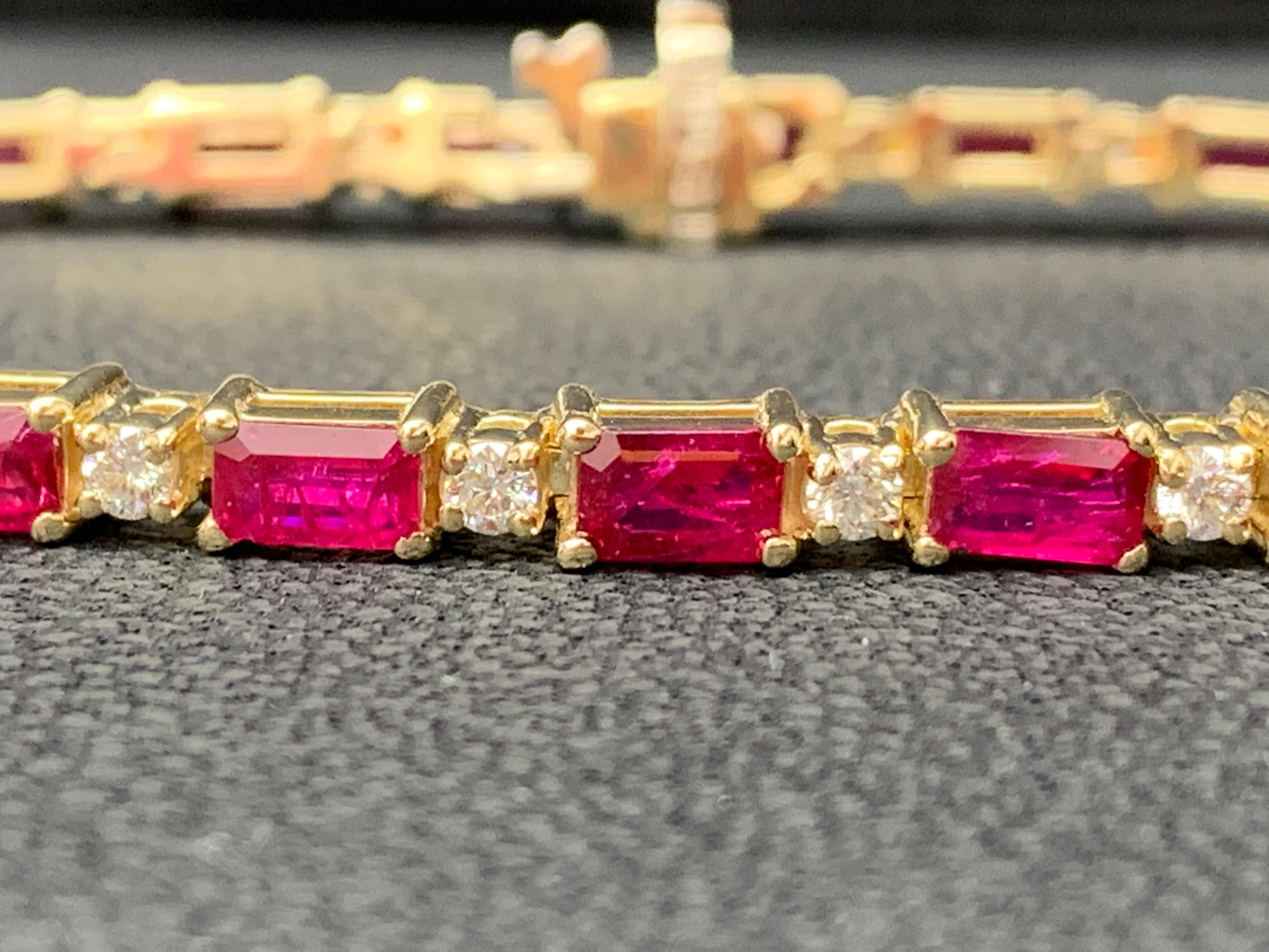 Modern 6.12 Carat Emerald Cut Ruby and Diamond Bracelet in 14K Yellow Gold For Sale