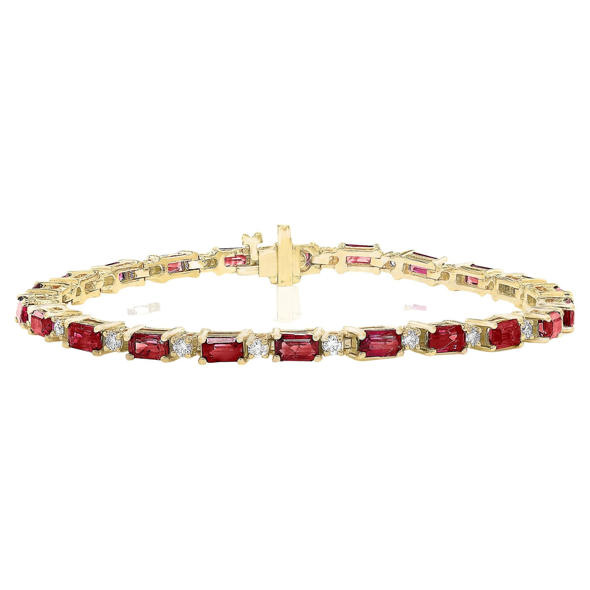 6.12 Carat Emerald Cut Ruby and Diamond Bracelet in 14K Yellow Gold For Sale