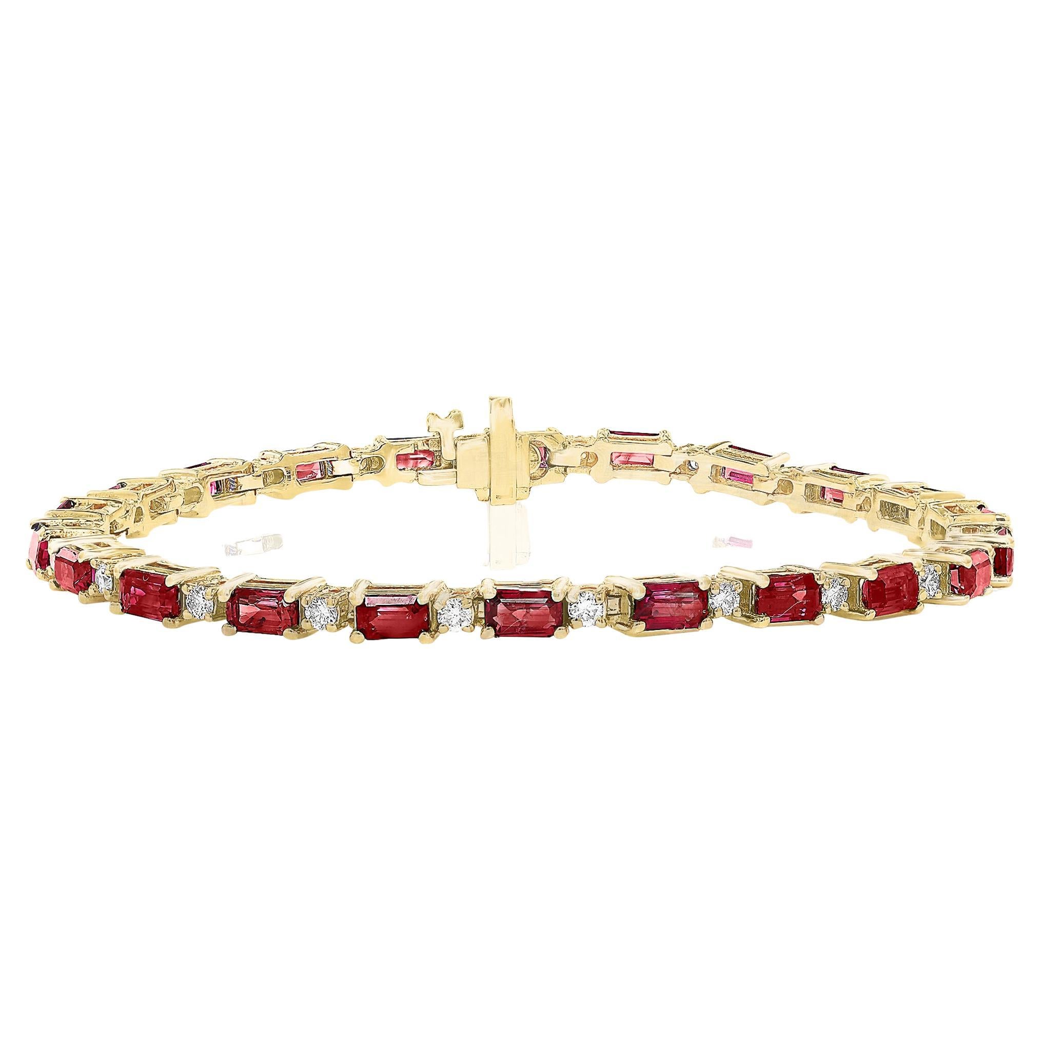 6.12 Carat Emerald Cut Ruby and Diamond Bracelet in 14K Yellow Gold