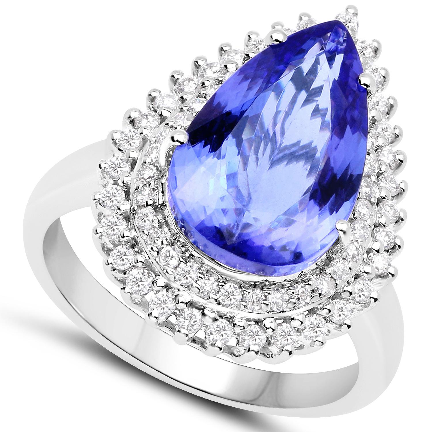 Pear Cut 6.12 Carat Genuine Tanzanite and White Diamond 14 Karat White Gold Ring For Sale