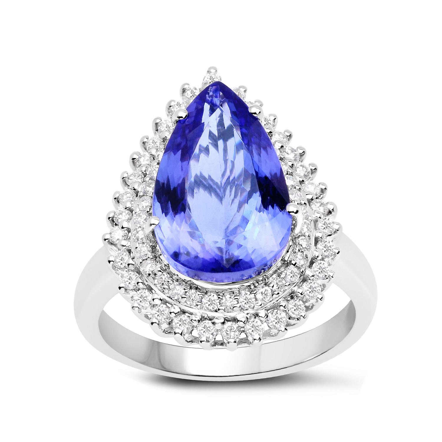 6.12 Carat Genuine Tanzanite and White Diamond 14 Karat White Gold Ring In New Condition For Sale In Great Neck, NY